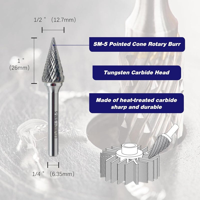 LU&MN SM-5 Tungsten Carbide Burr Rotary File 25 Degree Pointed Cone Shape Double Cut with 1/4''Shank for Die Grinder Drill Bit, 1/4'' Diameter of Shank, 1/2'' Diameter of Cutter 1'' Cutter Length - Image 1